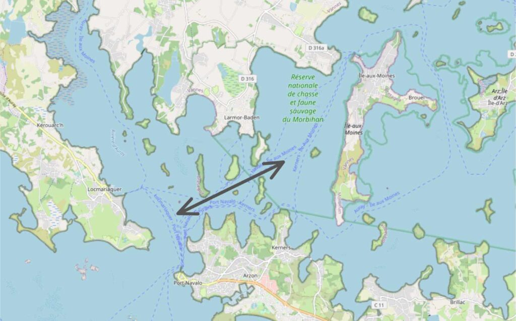Carte du courant de la Jument à l'entrée du Golfe du Morbihan