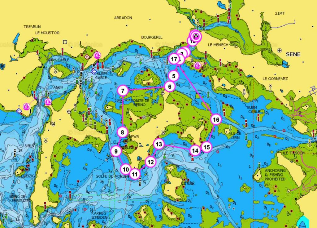 Carte du tour de l'île d'Arz en Kayak depuis Port Anna à Séné.